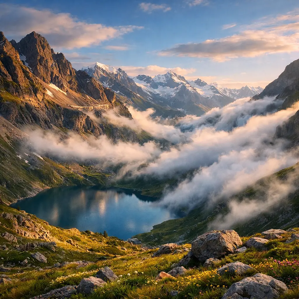 Veo 4 KI-generiertes Landschaftsbild mit Bergen bei Sonnenuntergang